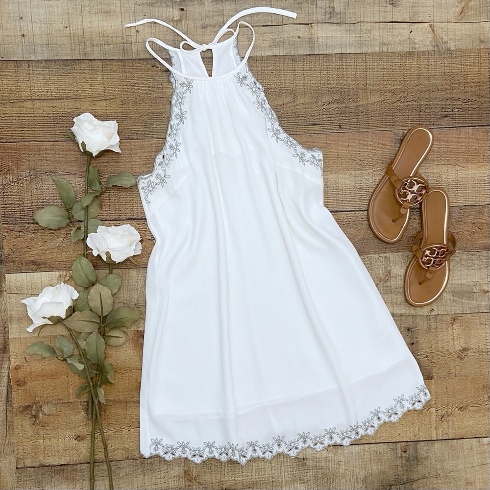 Dress White Lined Slip Summer Dress with Gray Floral Trim by LUSH